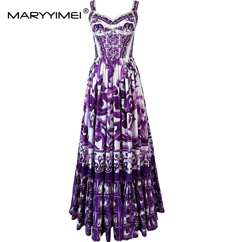 MARYYIMEI カジュアルホリデースタイルの女性のドレススパゲッティストラップバックレスパープルバロックプリントビッグスイングコットンドレス