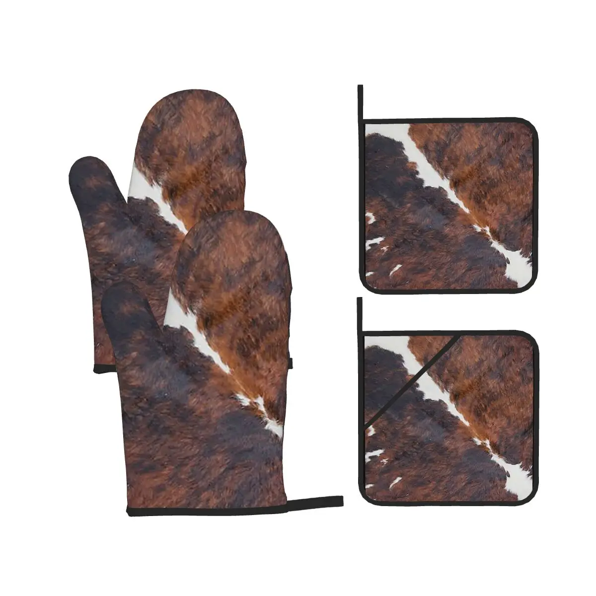 Stylish Cow Fur Cowhide Texture Cow Skin Print Patter Oven Mitts and Pot Holder for Baking Cooking Resistant Non-Slip Gloves