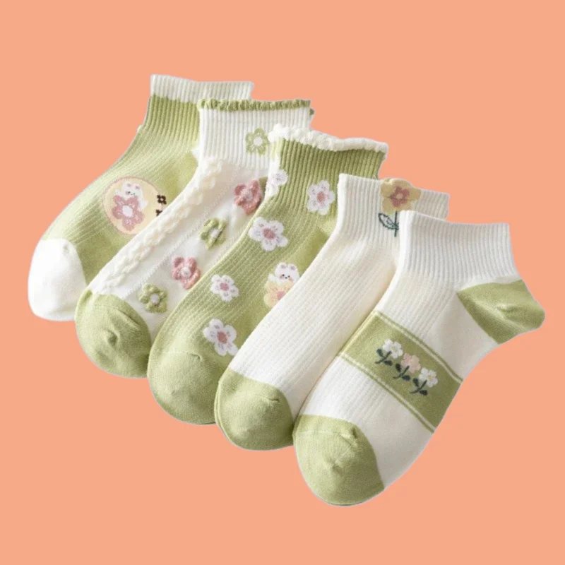 

5/10 Pairs Shallow Mouth Short Socks College Style Cotton Boat Socks New Women's Summer Thin Cotton Small Fresh 2024 Green Socks