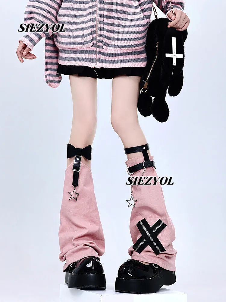Y2k Chain Leather Buckle Leg Sleeves for Women Hot Girls Pink Leg Warmers 2026 New Sweet Dark Punk Style Jk Pile Socks