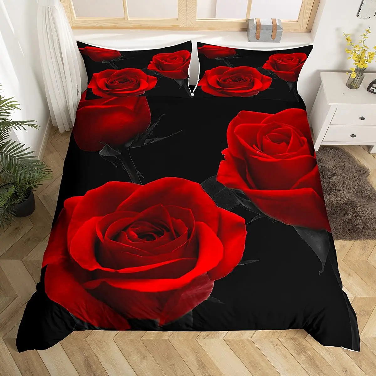 Valentine's Day Duvet Cover Queen Full Red Rose Romantic Flower Duvet Cover Heart Shaped Print Floral Black Soft Comforter Cover