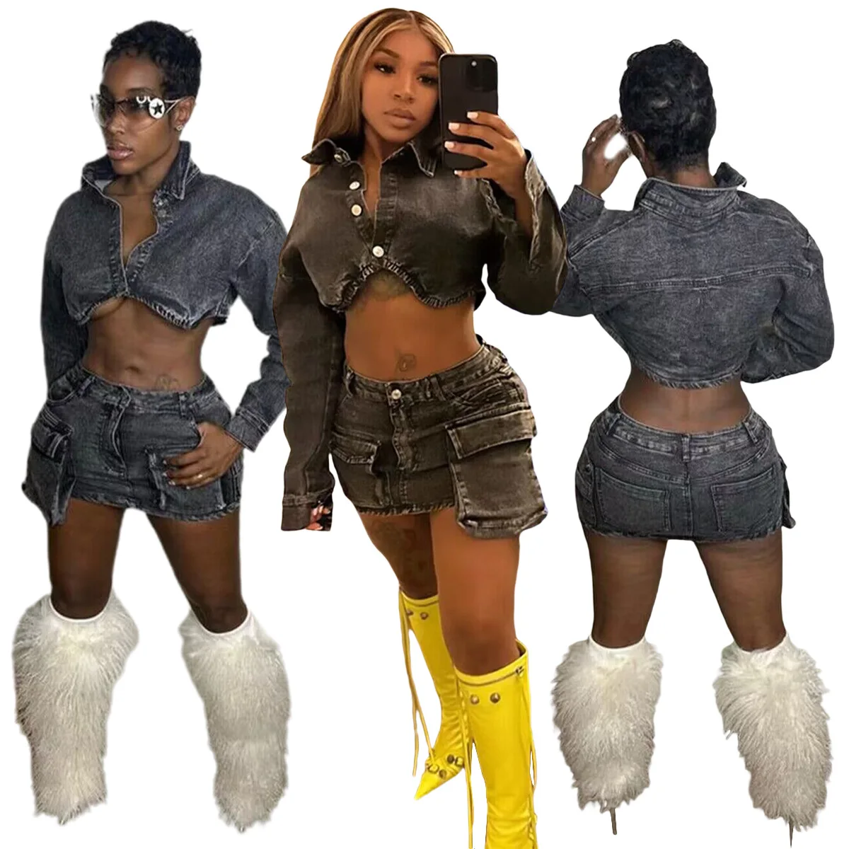 

Denim 2 Piece Sets Women Short Skirt Long Sleeve Jacekt Outfits 2025 Top High Waist Sexy Party Night Suits Ensemble Streetwear