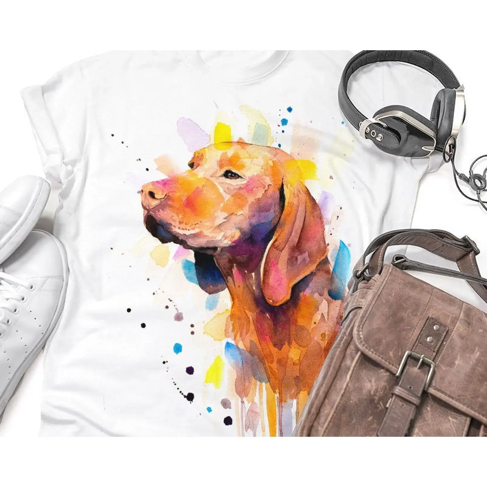 Watercolor Vizsla Dog Print T Shirt 100 Ring Spun Cotton Casual Animal Art Sizes XS to XXL vintage Washed homme Comfortable