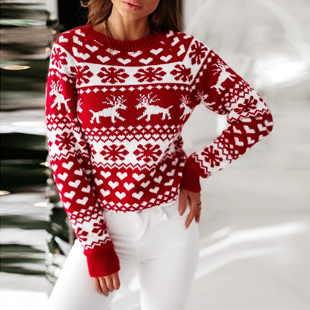 2024 New Winter Christmas Sweater For Women Xmas Moose Print Long Sleeve Y2k Clothes Warm Thicken Jumpers Pullover Tops Knitwear