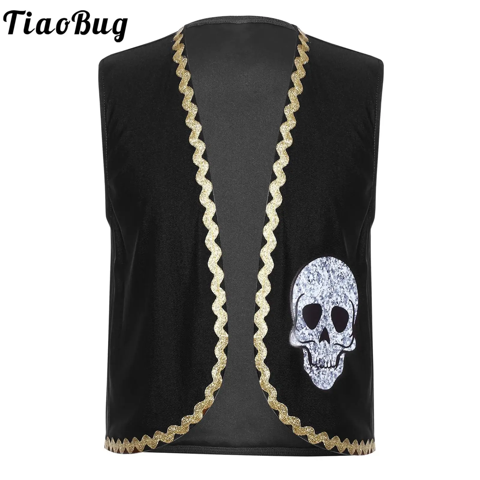 Children Medieval Pirate Captain Cosplay Costume Halloween Party Renaissance Viking Dress Up Open Front Skull Bones Print Vest