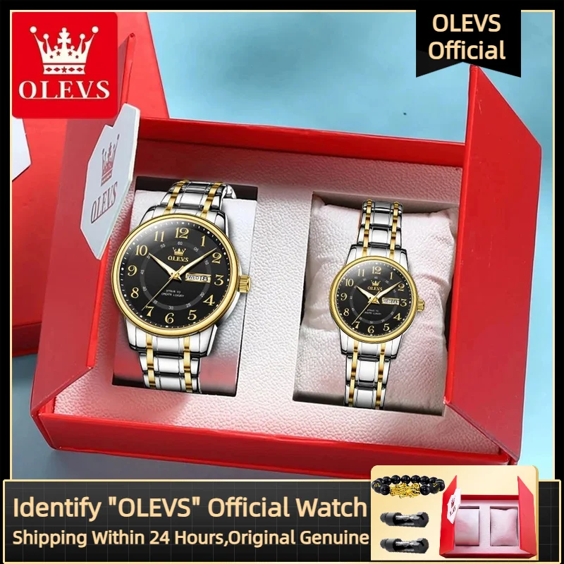 OLEVS 2891 Luxury Brand Quartz Couple Watch Waterproof Stainless Steel Watch Elegant Calendar Week Date Gift Couple Watch Set