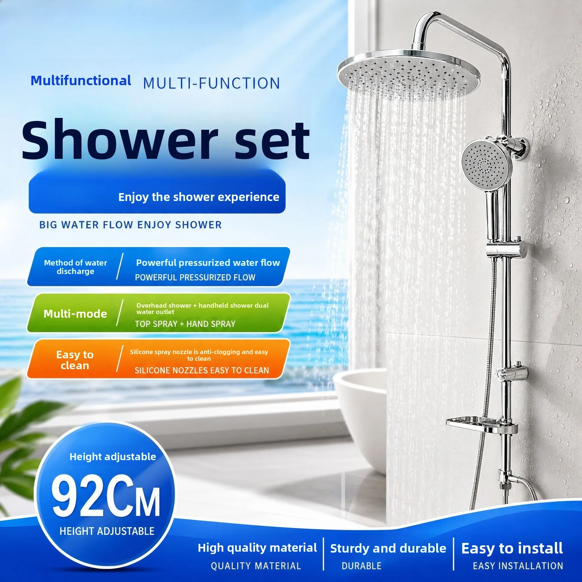ABS Pressurized Multi-Function Shower System Complete Set Large Water Outlet Low Heat Loss Design With Detachable Handheld Spray