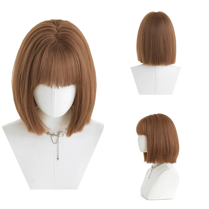 

Brown Straight Bob Wig with Bangs for Women Daily Party Cosplay Universal Heat Resistant Natural Synthetic Wig Free Wig Cap