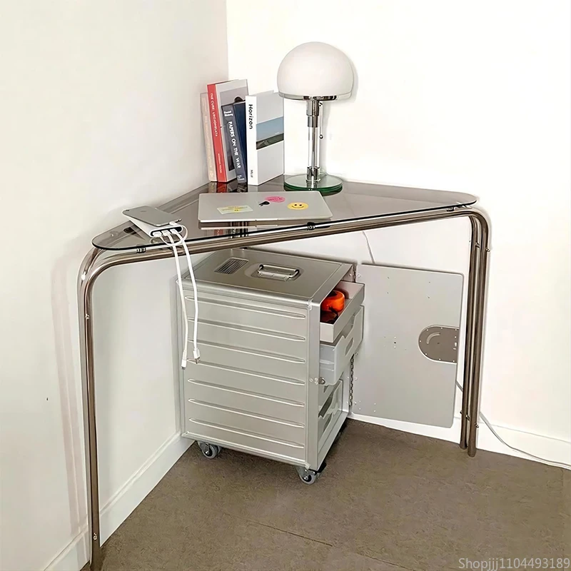 

South Korea Ins Wind Triangle Corner Desk Stainless Steel Small Apartment Computer Desk Practical Corner Glass Table