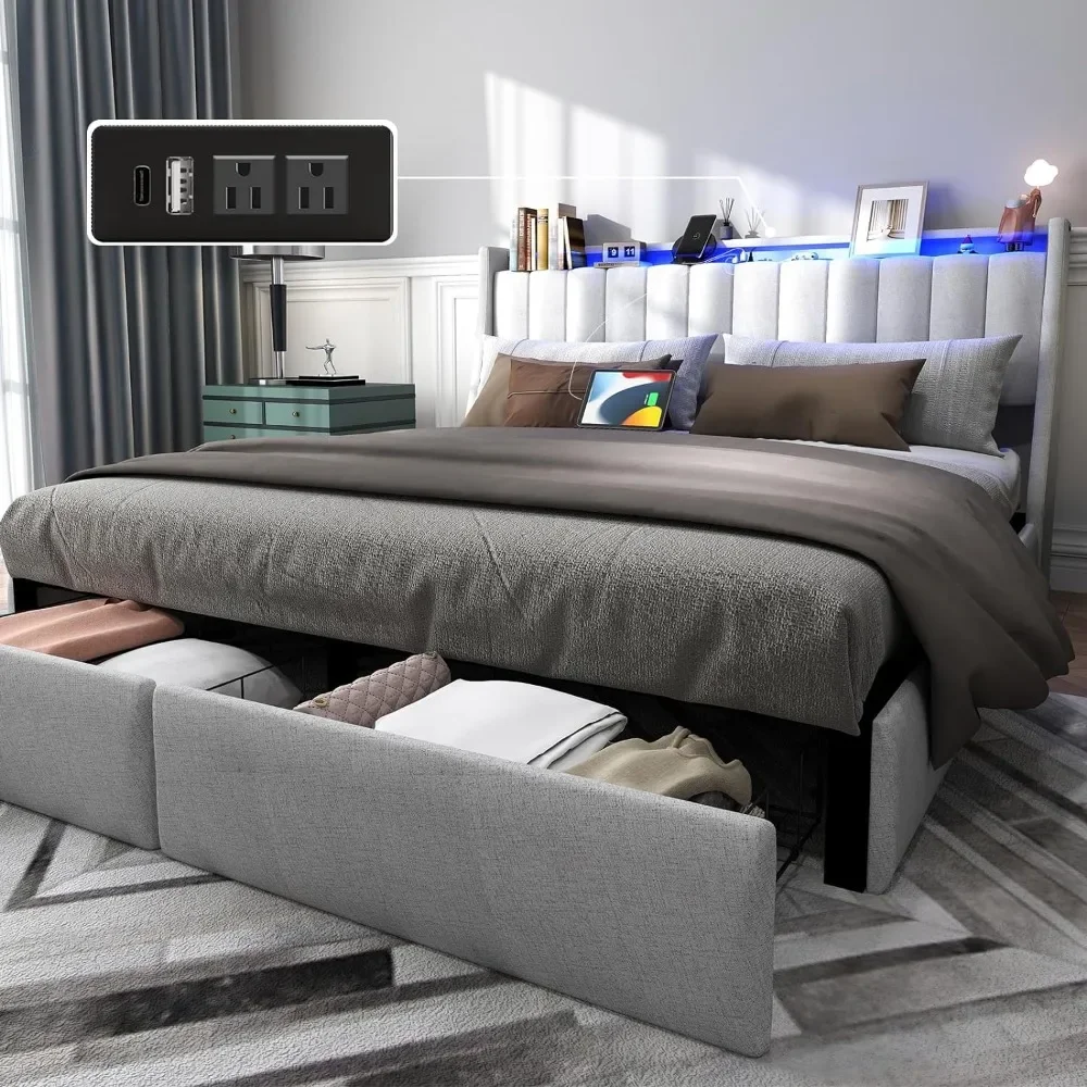 

Full Size Bed Frame, Charging Station, Storage Headboard and LED Lights, Remote Control, Noise-Free, Bed Frame