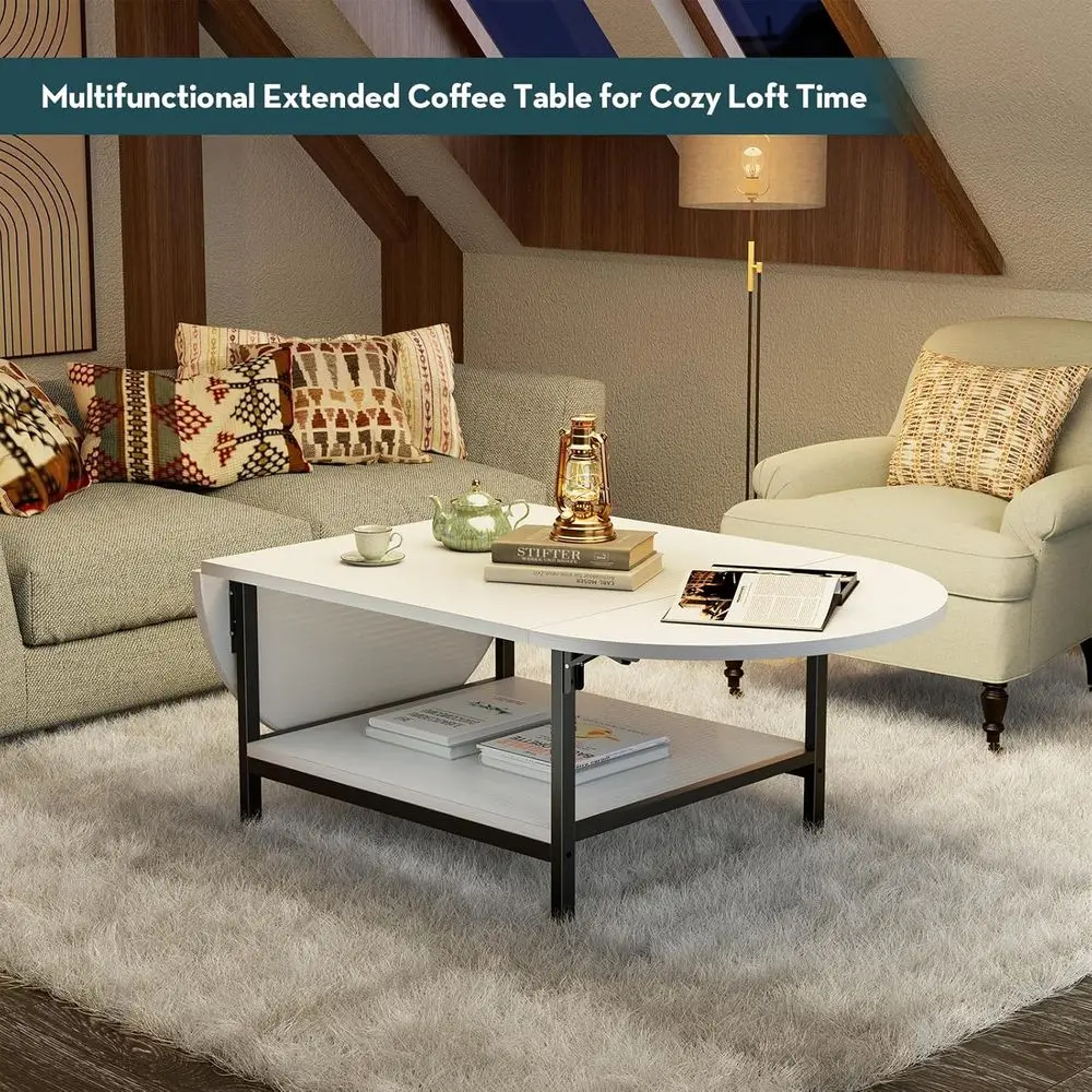 White 2-Tier Storage Coffee Table with Foldable Panels for Living Room, Suitable for Any Space