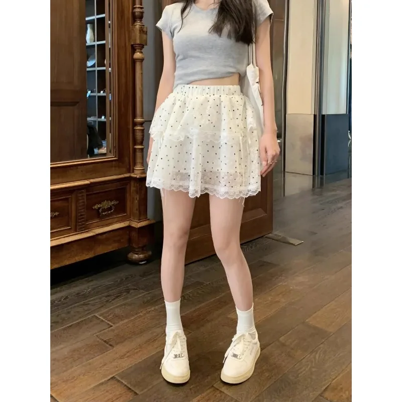 Women French Style Polka Dot Lace Mini Skirt High Waist Bow A-line Tiered Skirt