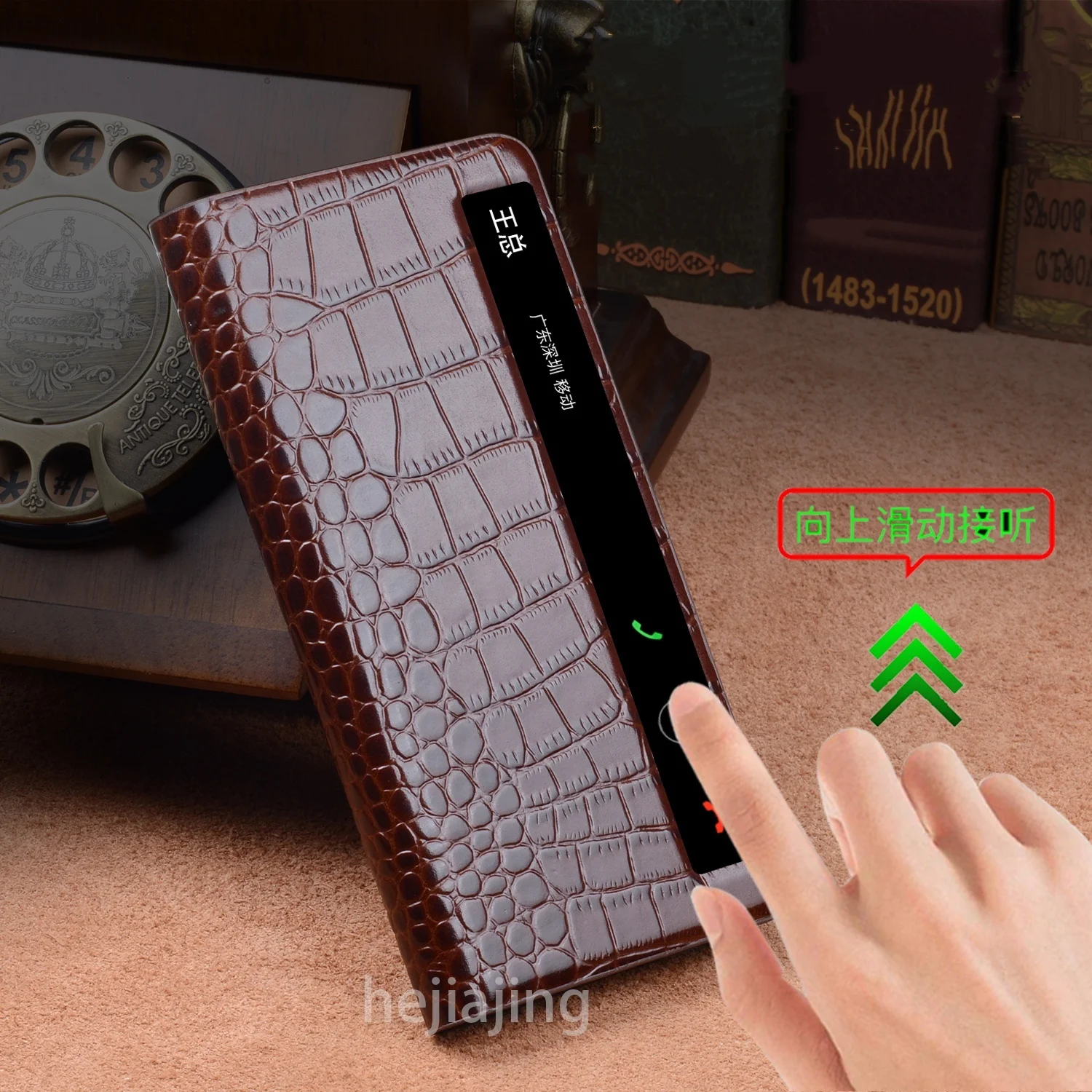

Genuine Cowhide Leather Crocodile Flip Case For Huawei Mate X7 Smart Window View Cover