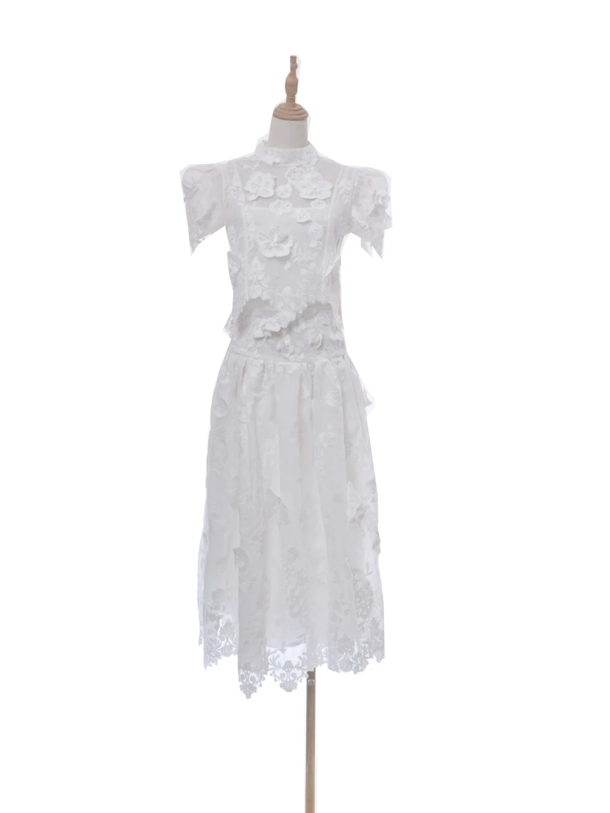 

Ele Embroidered 3D Flower ter Top And High Waist A-Line Skirt Set Women's Summer Faion Ensemble ort Sve round Ne