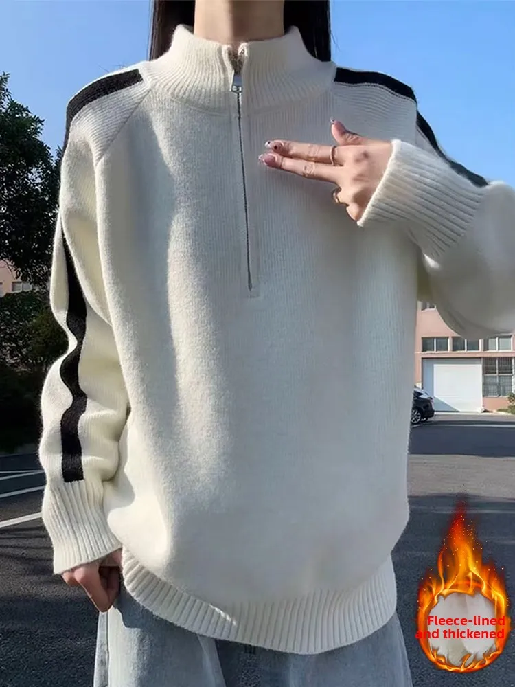 

Мужской утепленный свитер American Style с флисовой подкладкой, в полоску, на молнии, с воротником-стойкой, зимний, теплый, уютный, повседневный