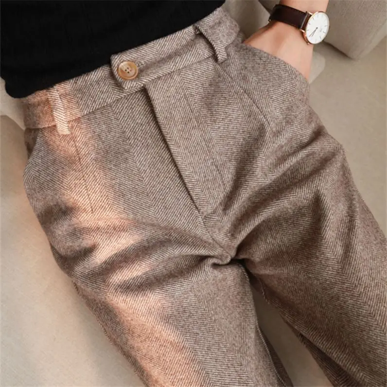 Visgraat Wol Harlan Broek Vrouwen Fall Winter Nieuwe Hoge Taille Tonen Dunne Voeten Pak Broek Losse Casual Rook Pijp Broek