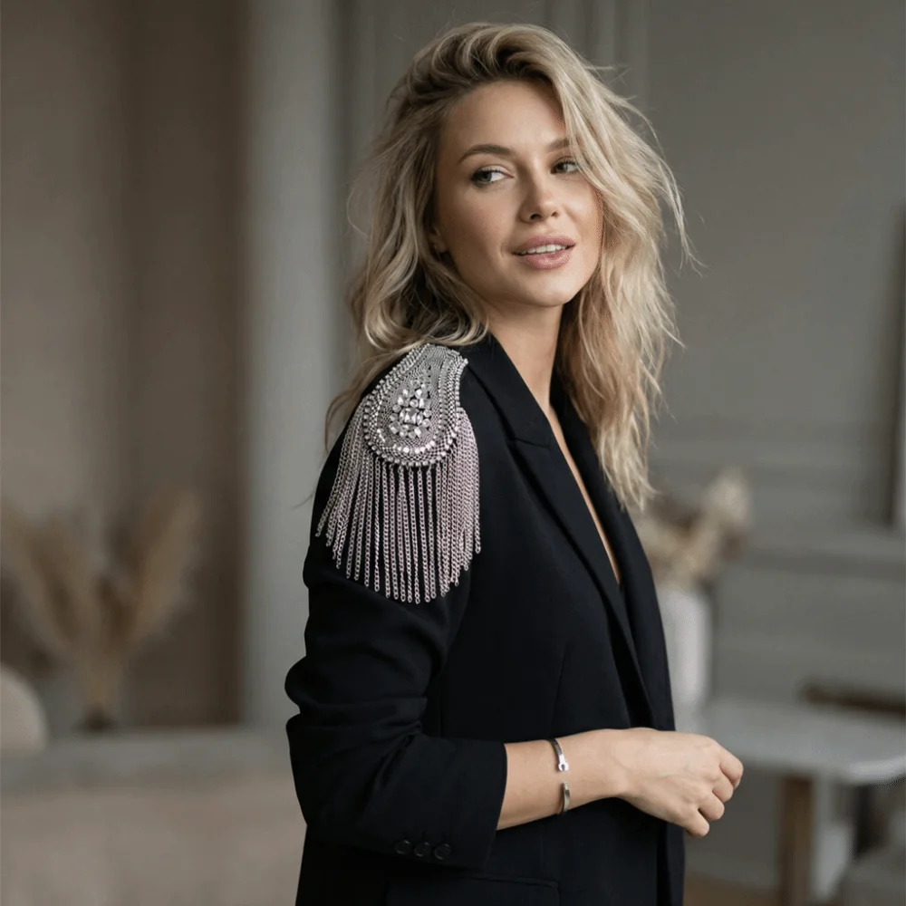 Rhinestone Decor Shoulder Tassel Epaulet Multi Tassel Rivet Design Detachable Shoulder Epaulettes Handmade Long Chain