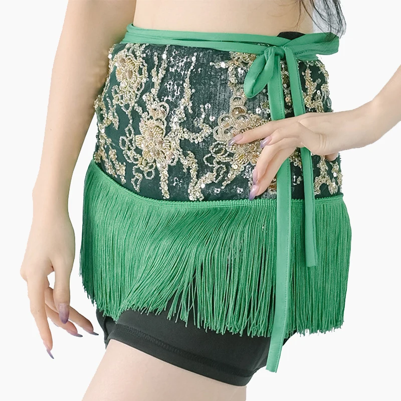 Belly Dance Sequins Bead Embroidery Tassel Hip Scarf Performance Clothes Oriental Dance Practice Hip Skirt Wrap Belt Waist Chain