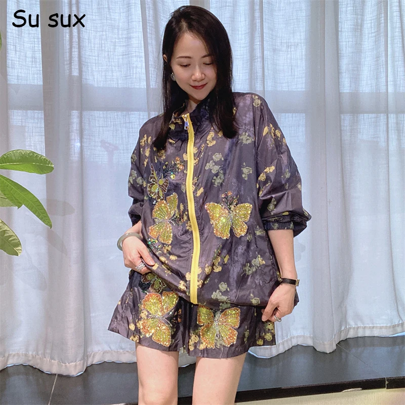 

Sunscreen Short Pant Sets Tracksuit Woman Sequins Butterfly Zipper Long Sleeve Tops Oversized 2 Piece Sets Vestidos Bust 150cm