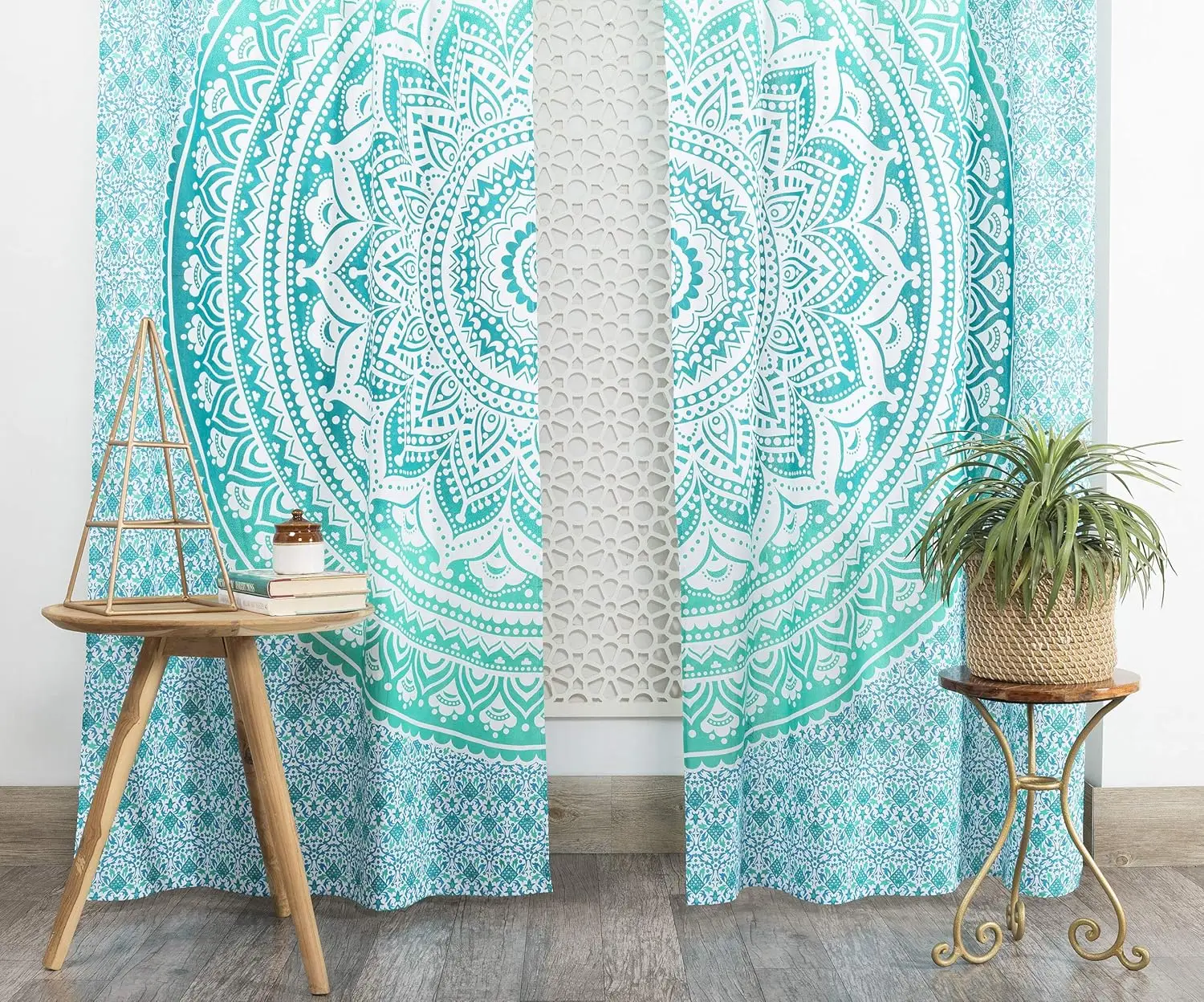 Decorative Mandala Curtains Boho Bohemian Teal Blue Geometric Pattern Pair Window Drapes for Living Room Home