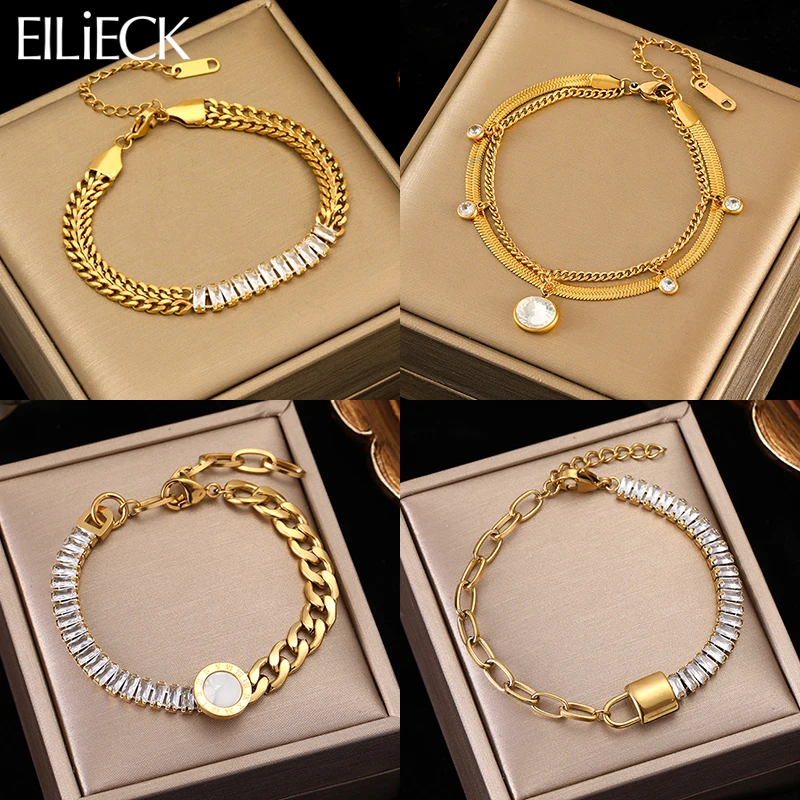 EILIECK 316L Stainless Steel Luxury White Zirconia Bracelet Bangle For Women New Trendy Waterproof Wrist Chain Jewelry Gift