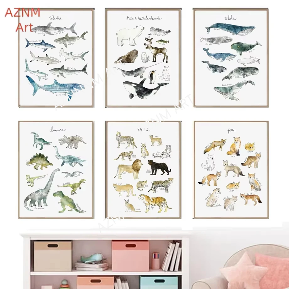 1/6 stücke Cartoon Dinosaurier Dschungel Meer Tier Eule Bär Hai Kinder Poster Wand Kunst Druckbare Leinwand Malerei Baby Zimmer wohnkultur