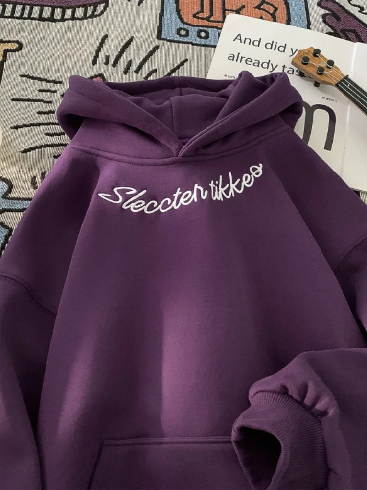 

Thiened Fce Letter Embroidery Hoodie Men's Winter Warm Outerwear Youth American Retro Sle Long Sve Sweatirt