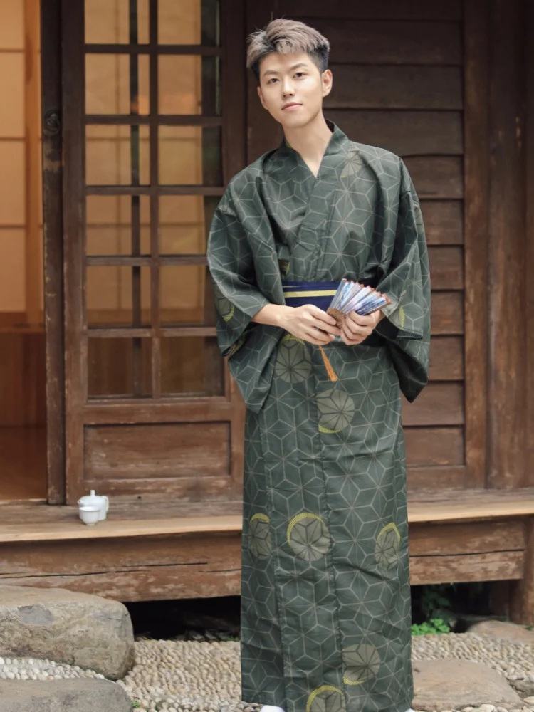 Men's Japanese Kimono with Belt Traditional Samurai Gentleman Yukata Cosplay Costume Photography Wear