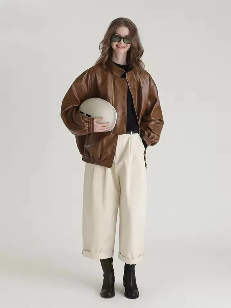 Mauroicardi primavera otoño de gran tamaño desgastado lavado marrón chaqueta de cuero de imitación mujeres con cremallera suelta Casual ropa Retro americana