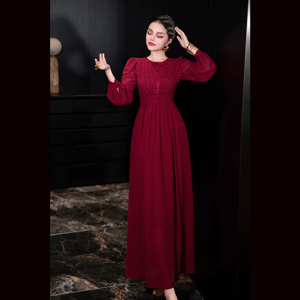 

Meyyithun Women's Dress Long Sleeve High Waist Beaded Folds A Line Dress Female New Elegant Dress Lady Long Dress Party