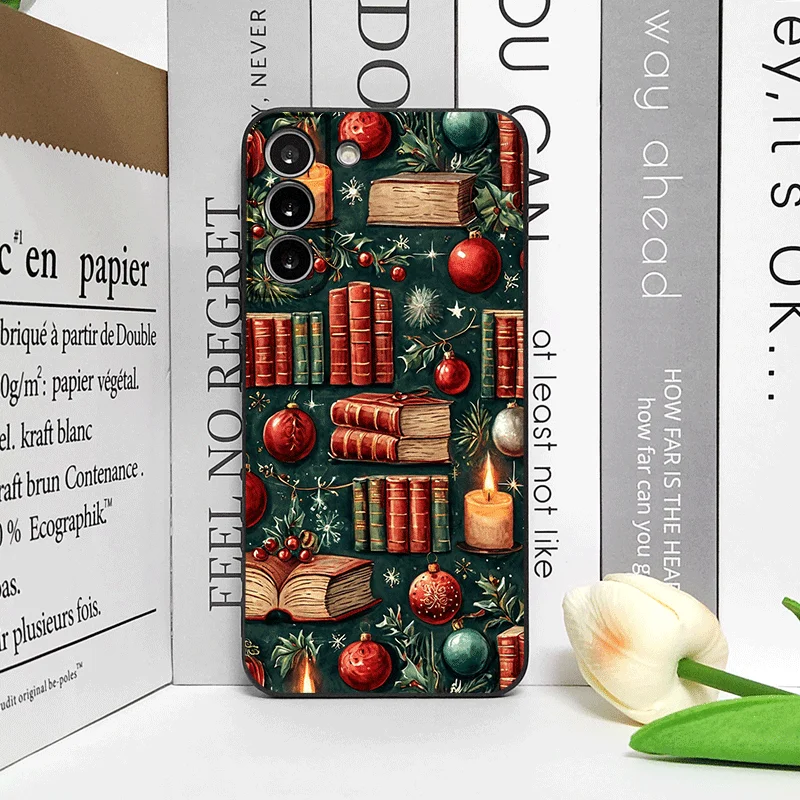Christmas Decorations Bookshelf Book Print Phone Case for Samsung Galaxy S25 S24+ S23 Ultra S22 Plus S21FE M53 M34 5G Soft Cover