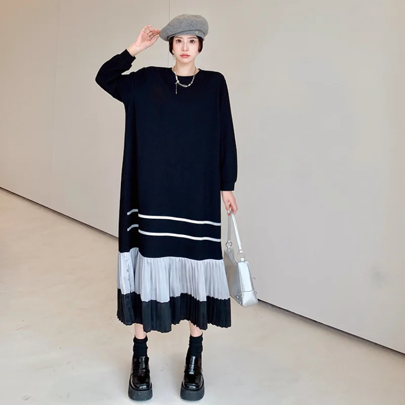 Autumn Winter Women T-Shirt Pleated Dresses Loose Large Size Lady Pullovers Patchwork Color Long Sleeve Female Vestidos KE3699