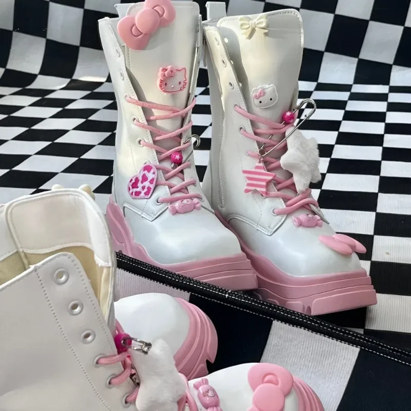 New Sanrio Cartoon Anime Hello Kitty Thick-soled Martin Boots Kawaii Winter Mid-tube Warm British Shoes Girls Holiday Gift