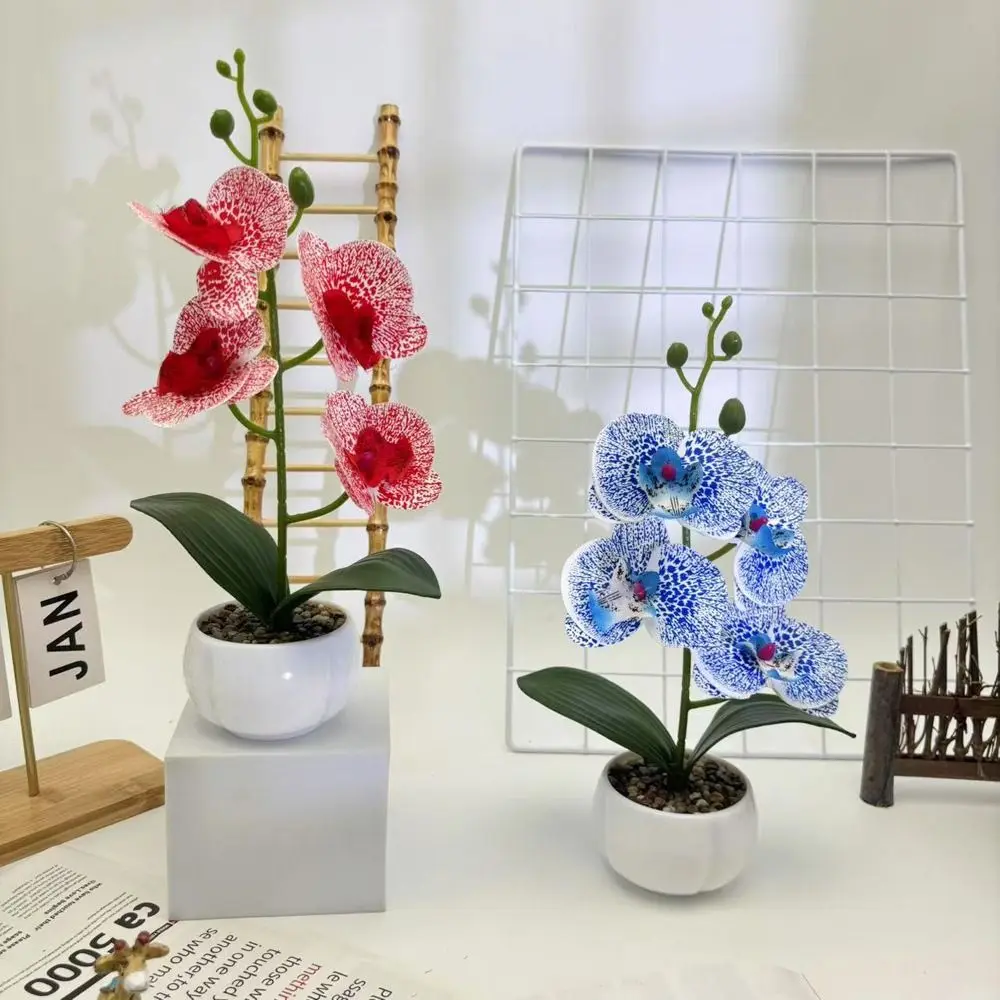 Multicolor Artificial Orchid Bonsai 4 Flower White Flowerpot Simulation Flower Potted Photo Props Green Leaves
