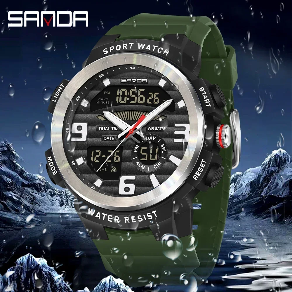 SANDA Multifunction Men Watch Dual Display Waterproof Digital Sport Wristwatch Man Silicone Strap LED Date Quartz Clock