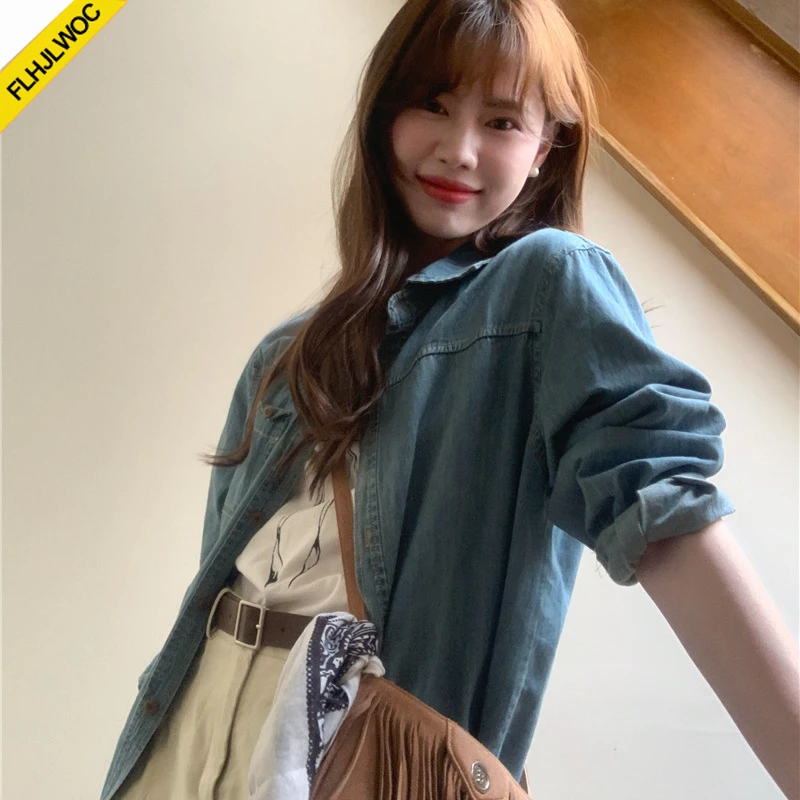 Cotton Tops Loose Outerwear New Year Women Long Sleeve Casual Japan Girls Preppy Style Pockets Button Blue Jeans Denim Shirts