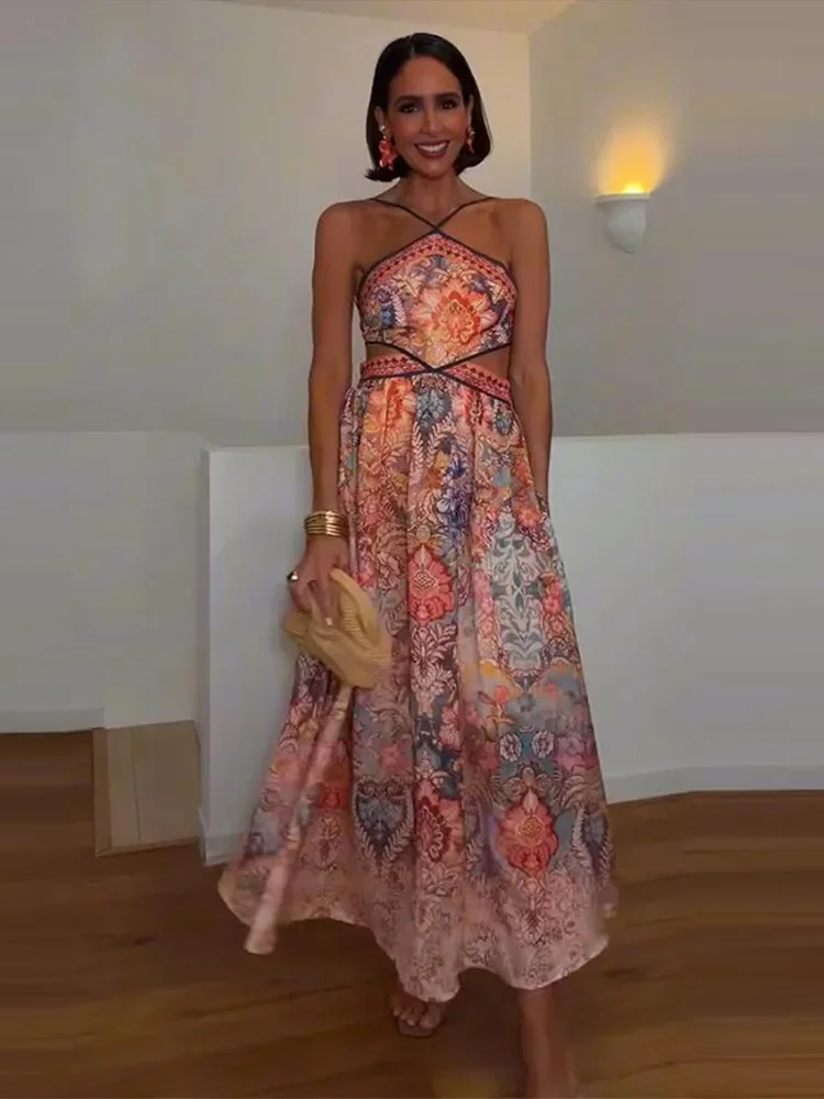 

Fashion Halter Printed Women's Maxi Dress Sleeveless Backless Waist-Exposed A-Line Long Dresses 2026 Summer Lady Holiday Robes