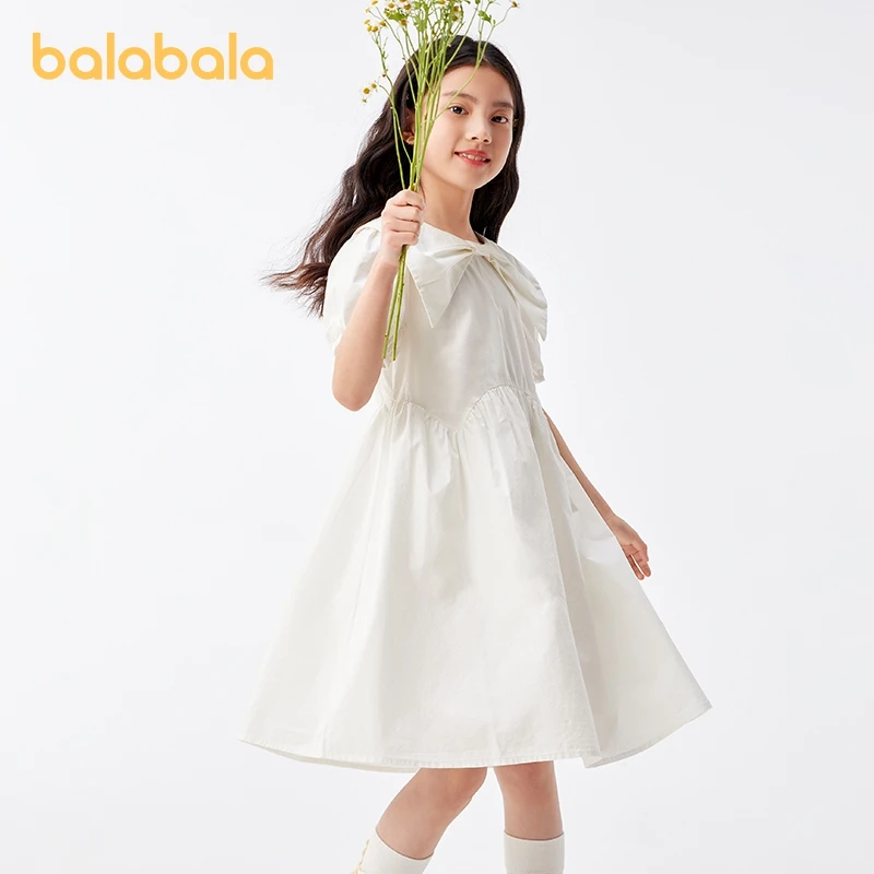 Balabala Kids Clothing Girls Dress 2024 Summer New Middle to Big Kids Dress Sweet Fashionable A-line Dress with Bow Tie Collar