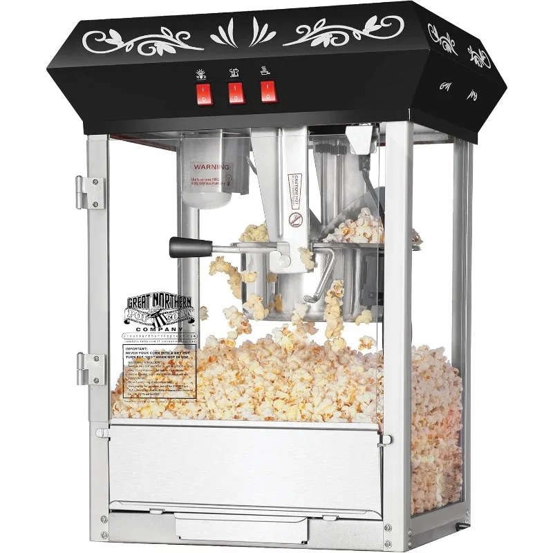 Macchina per popcorn con carrello - Popper da 8 once con bollitore in acciaio inossidabile, luce riscaldante e accessori (nero)