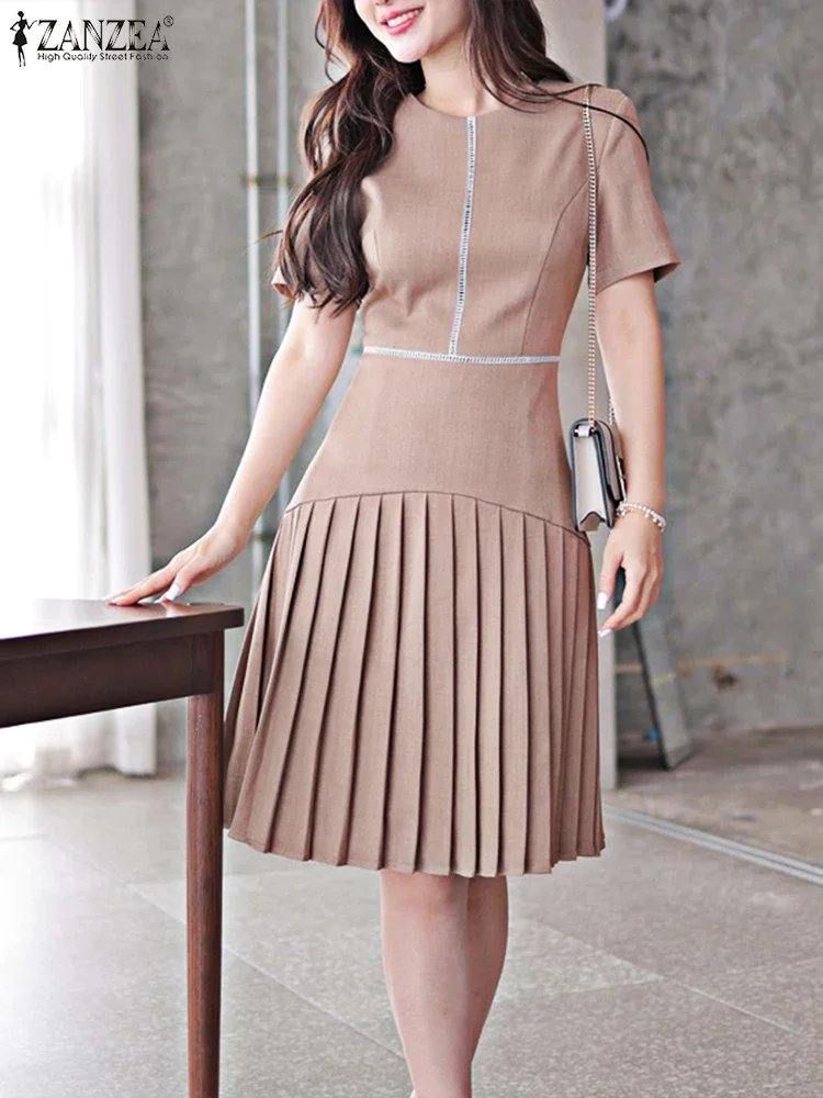 Elegancka sukienka letnia do kolan ZANZEA 2025, damska, plisowana, z dekoltem typu O, w kształcie litery A, na imprezę, sukienka w jednolitym kolorze, luźna, codzienna.
