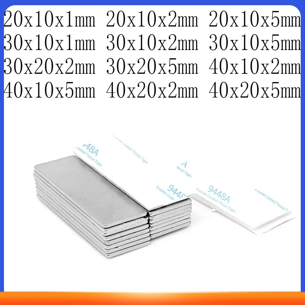 30x10x1mm bloc aimants forts 20x10x1 feuille aimant avec ruban adhésif Double face 30*10*2 20*10*2 40*20*2 pour les bureaux à domicile bricolage