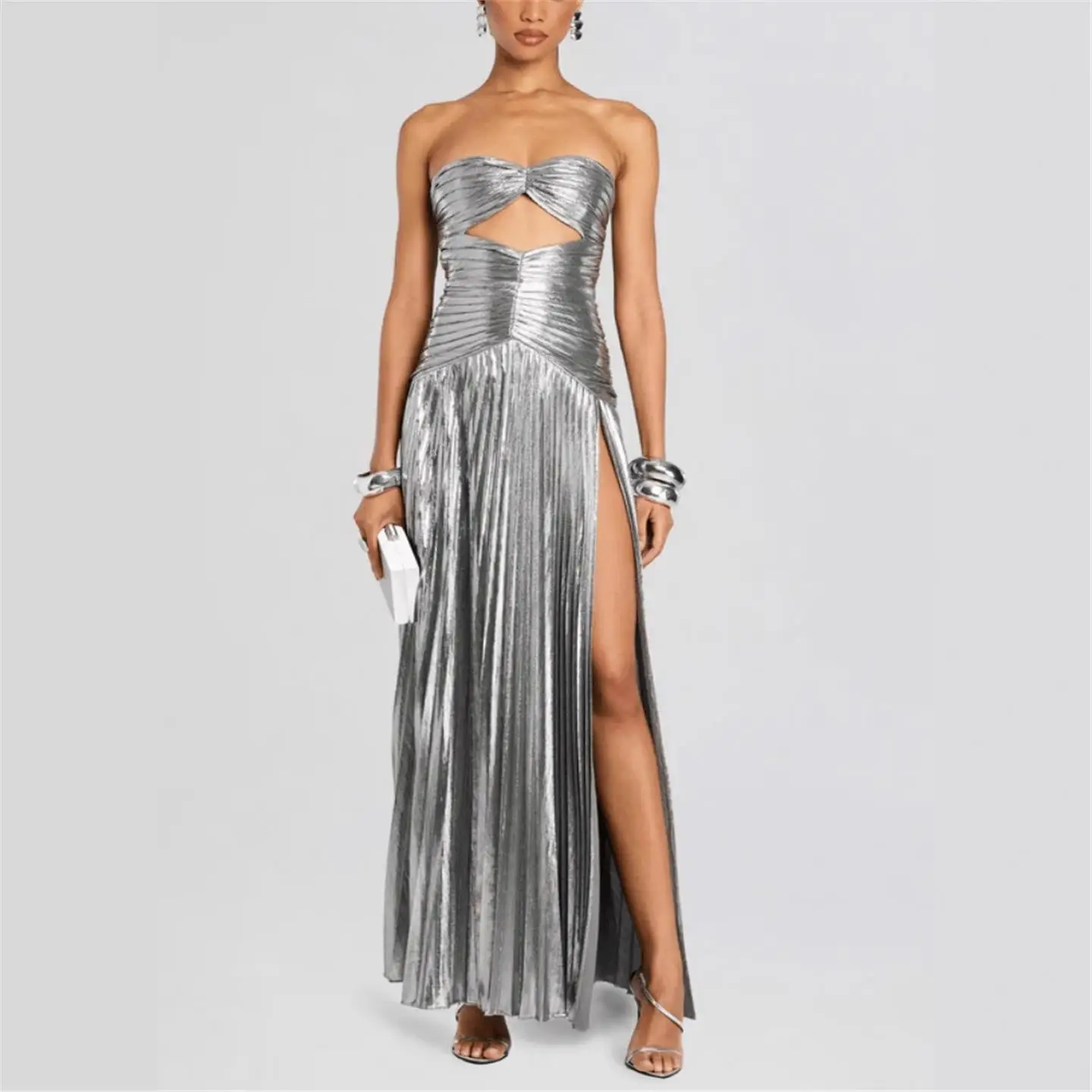 

Sexy Wrap Chest High Slit Slimming Pleated Silver Ele Faion Dr Women's Cross-Border Independent Station Dr
