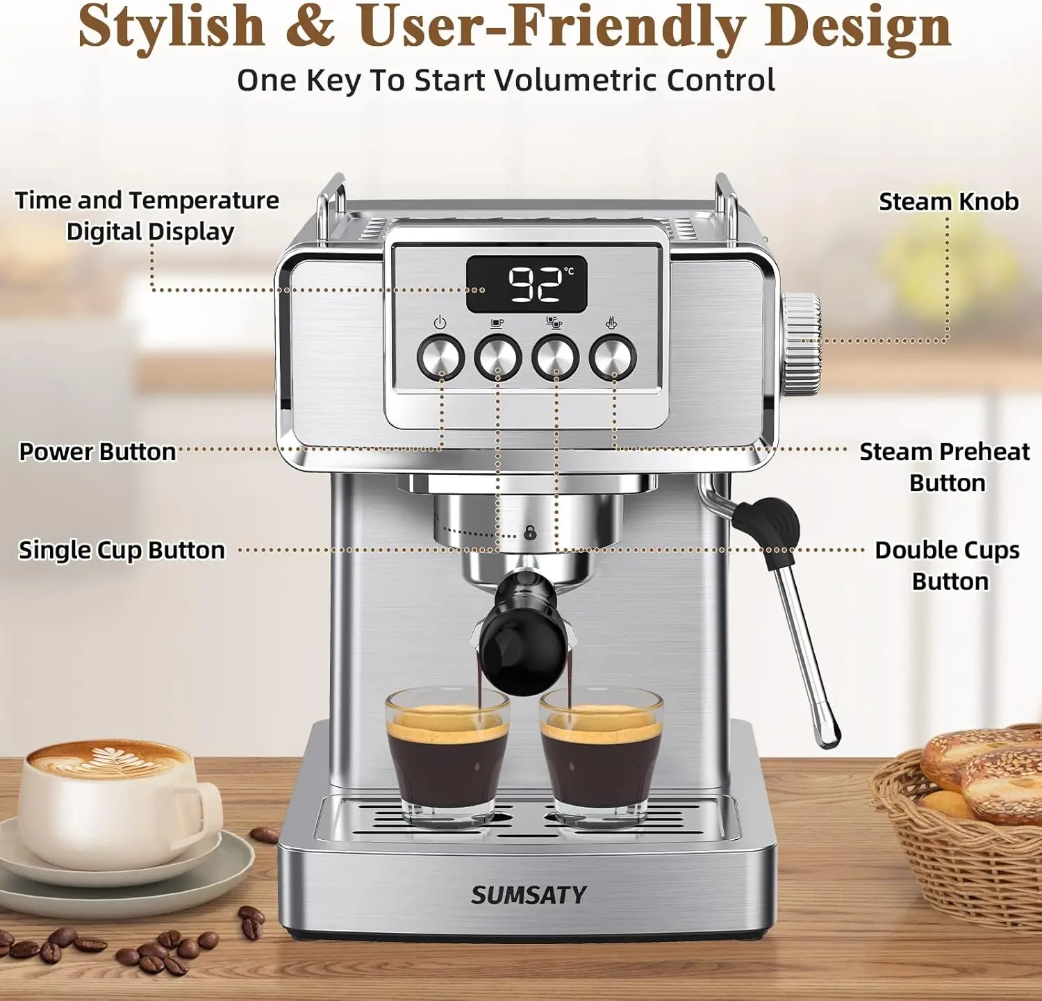 Machine, Stainless Steel Espresso Machine with Milk for Latte, Cappuccino, ,for Home Espresso Maker, Water Tank, 20 Bar