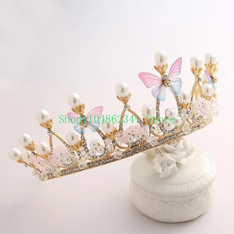 

652F Pearl Crown Headband Fashion for Butterfly Crystal for Kids Decorative