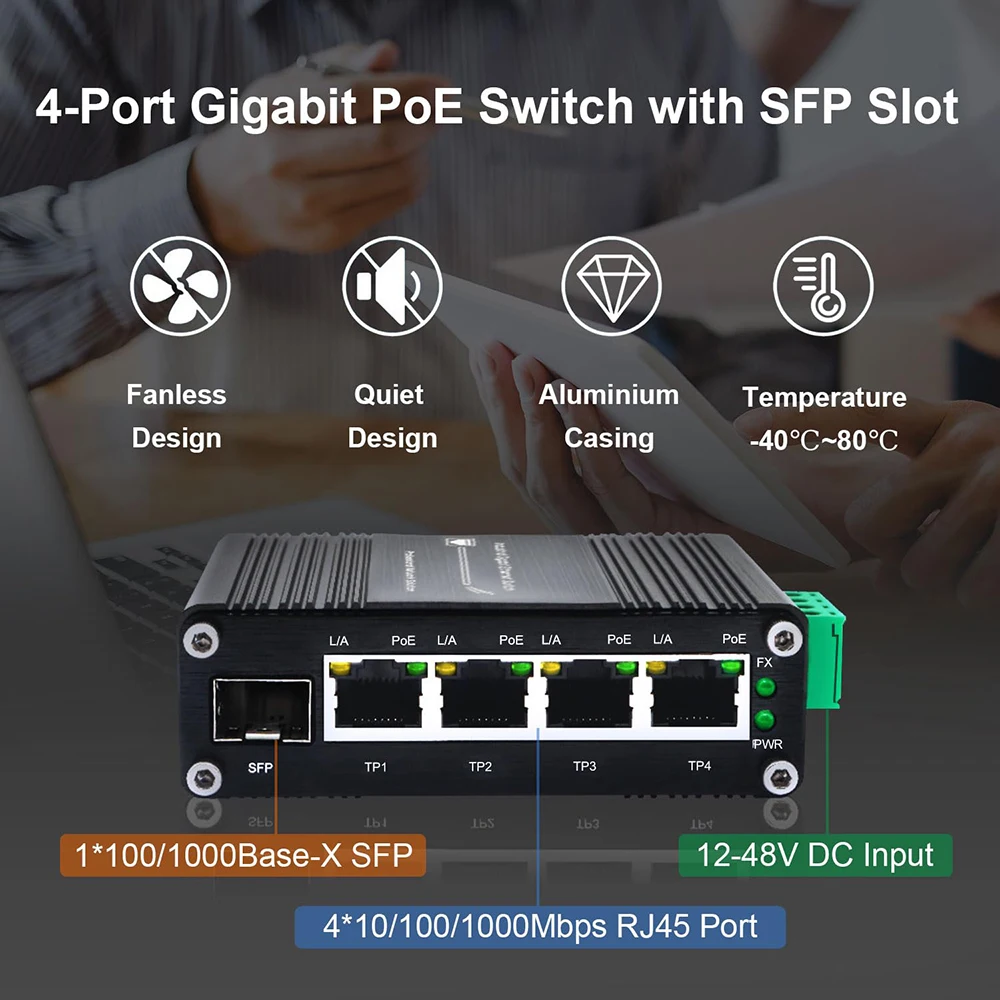 Industrial 4-Port Gigabit Solar PoE Switch | DC 12-48V Input, 48V PoE Output | SFP Uplink, IEEE 802.3af/at@120W Network Switch