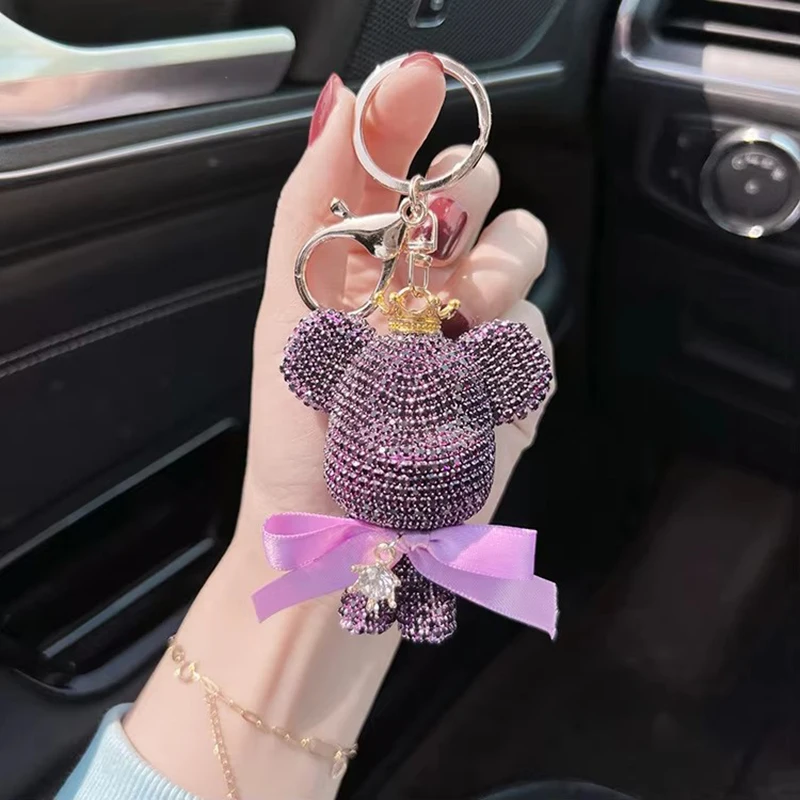 Fashionable full diamond crown violent bear keychain creative bow cute doll car key chain exquisite gift