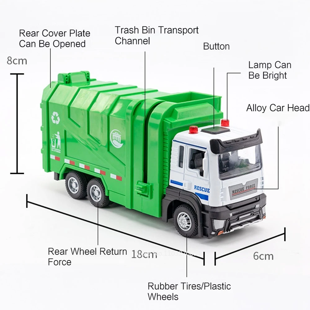 1/50 Garbage Truck Model Car Toy Alloy Diecast Engineering Dumpcart Vehicle Metal Rubber Tire Sound Light Pull Back Toy Kid Gift