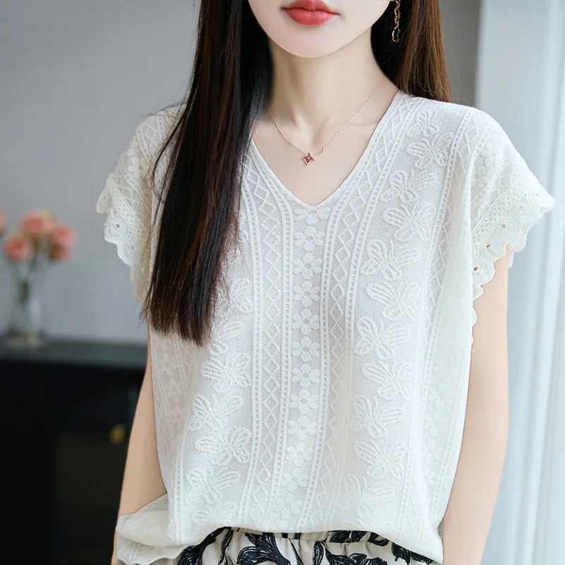 

Classic Summer Knitted Women's Pullover V-neck Short Sleeve Sweater Soft, Breathable, High Quality Fashion Top