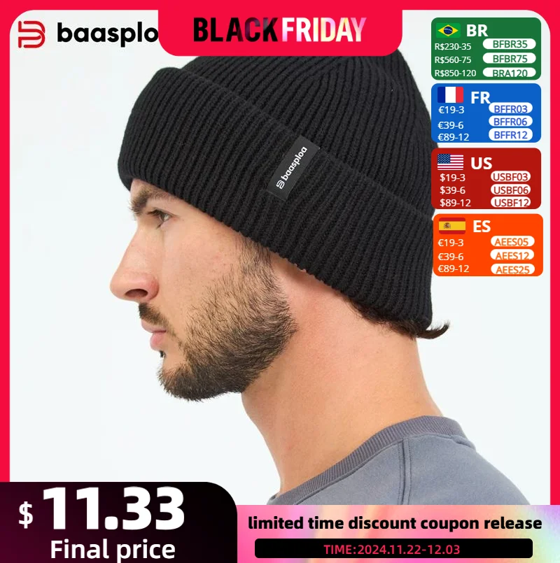 Baasploa New Men Knitted Hat Autumn Fashion Solid Color Wool Warm Beanies Cap Male Outdoor Casual Elastic Street Hip Hop Hats