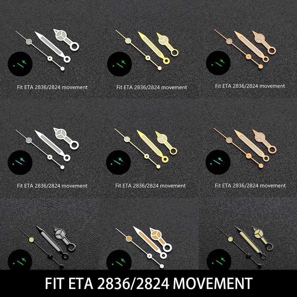 إكسسوارات ساعة يد باللون الأسود/الذهبي الوردي من ETA مؤشر ساعة 2824/2836 عقارب أزرق أخضر/أخضر متوهج يناسب حركة 2824/2836